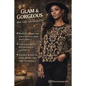 RICH EDGY GOLD & GLAMOROUS Black Gold Damask Pattern Long Sleeve Sweater Top P S